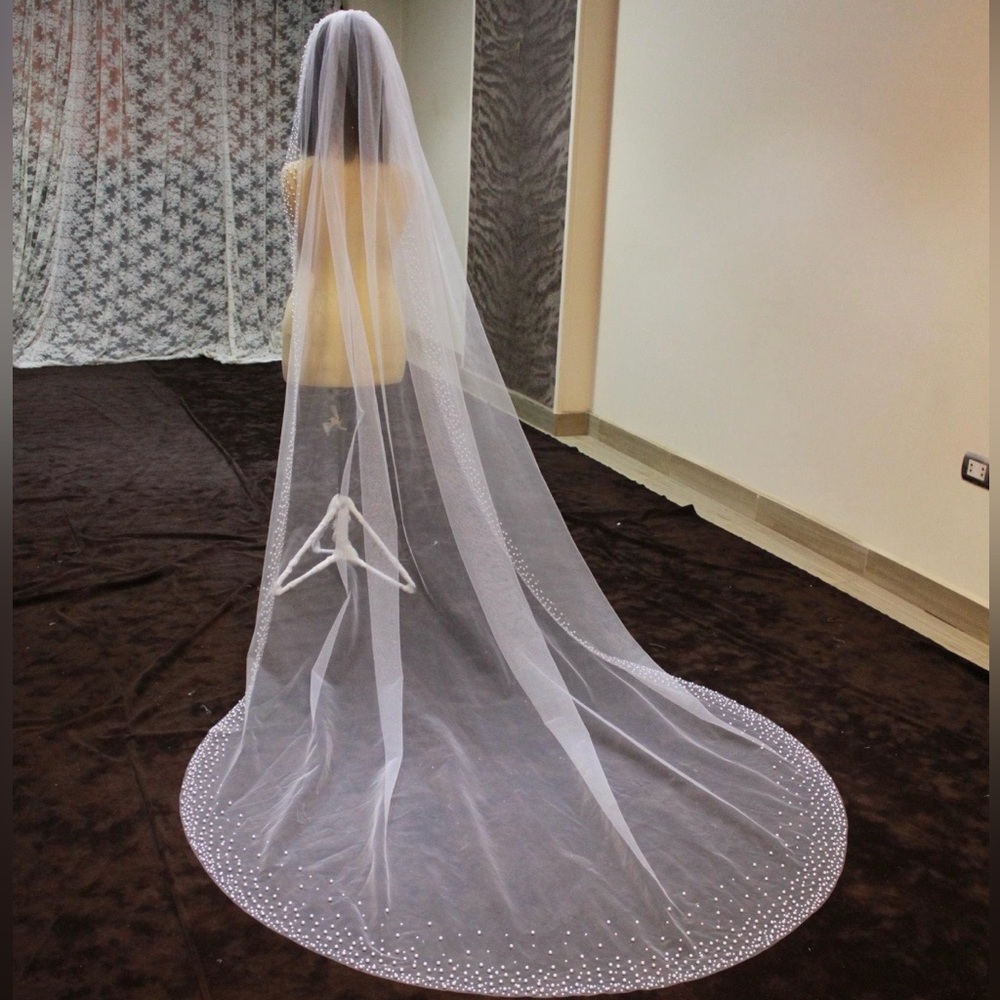 Long Chapel Train Bridal Veil with Pearl Edge